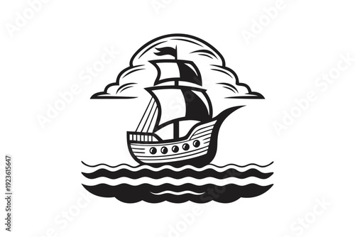 Monochrome sailing boat floats on ocean waves inside circular frame