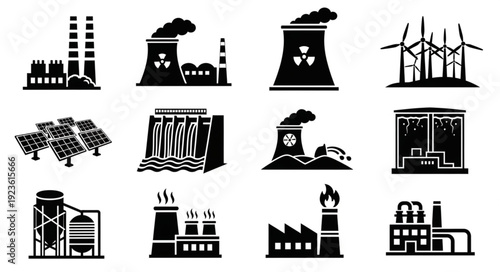 Various industrial power plants and energy production facilities in silhouette.