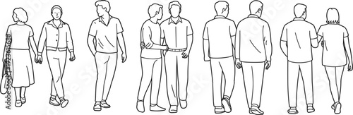 Line Art Figures of Couples and Individuals Walking on White Background vector illustration