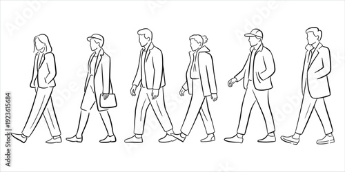 Line Art Figures of People Walking in Different Attire on White Background vector illustration
