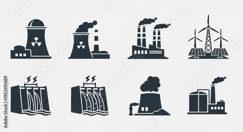Various industrial power plants and renewable energy sources in silhouette.