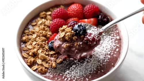 Delicious acai bowl with granola, berries, and coconut flakes