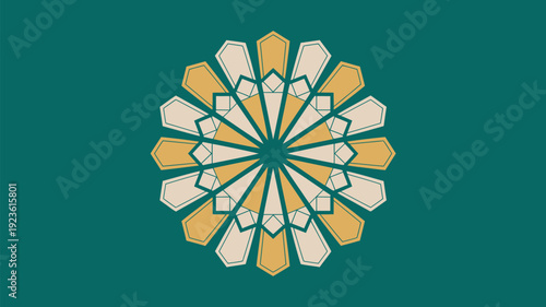 An intricate geometric mandala-like pattern, composed of cream and gold shapes, is elegantly centered on a rich dark teal background.