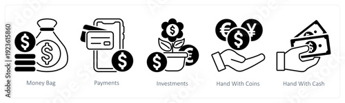 A set of 5 mix icons as money bag, payments, investments in black color