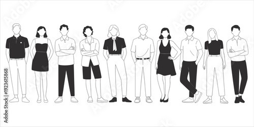 Line drawing of diverse men and women in casual and formal attire on a white background people illustration
