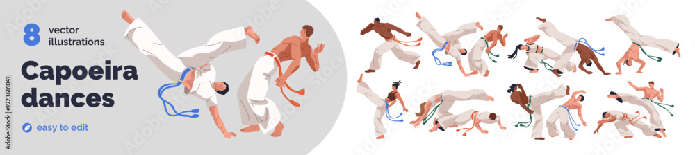 Fototapeta premium Capoeira dances set. People fight, Brazilian sport, martial art. Capoeria fighters, acrobatics exercises. Brazil battle, fighting dancers dancing. Flat vector illustration isolated on white background