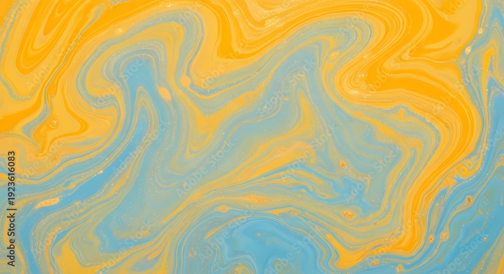 Obraz premium Vibrant abstract fluid art background with swirling yellow and blue marbled patterns and golden specks perfect for creative projects and designs