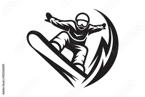 Monochrome snowboarder silhouette wearing gear against sunburst background conveys high energy and winter mountain activity