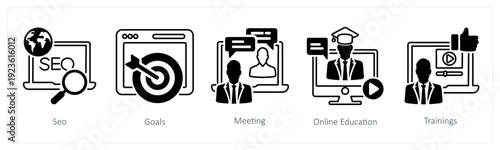 A set of 5 mix icons as seo, goals, meeting in black color