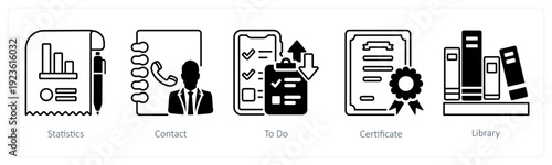A set of 5 mix icons as statistics, contact, to do in black color