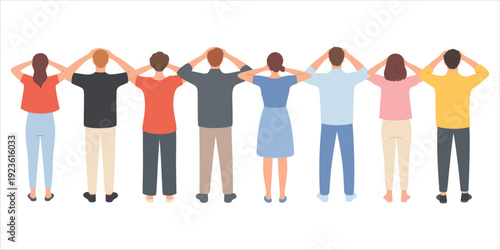 Rear View of Diverse People Holding Heads with Hands on White Background vector illustration