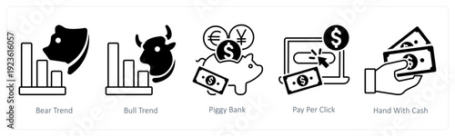 A set of 5 mix icons as bear trend, bull trend, piggy bank in black color