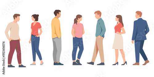 Seven diverse people standing and facing each other in pairs and individually on a white background group