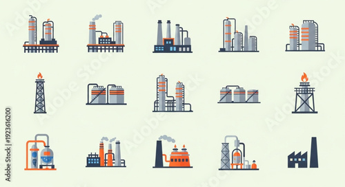 Various industrial factories and plants, representing manufacturing and production processes.