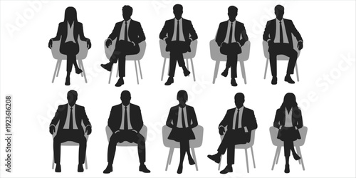 Silhouettes of Business People Sitting in Chairs on White Background woman