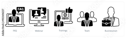 A set of 5 mix icons as faq, webinar, trainings in black color