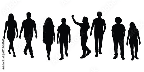 Silhouettes of diverse people walking and gesturing against a white background Keywords: people, silhouettes, walking, group
