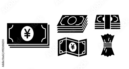 Japanese yen banknote solid black and white money icon vector set