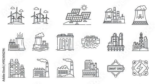 Various industrial facilities and power plants, representing energy production and manufacturing processes.