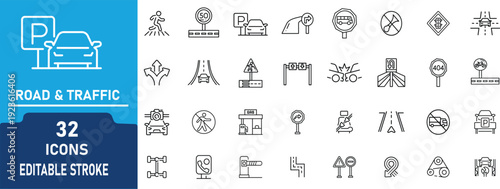 Road & Traffic System Line Icon Set .Contains to related icons  Transport ,Junction, Direction,  Highway, Navigation,and more .Editable Stroke Vector Outline Collection
