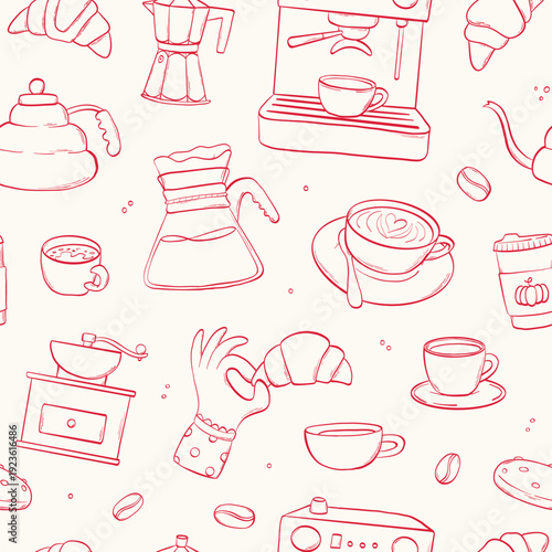 Coffee and bakery doodles seamless pattern for wallpapers, backgrounds, packaging, wrapping paper, towels, stationery, product design, etc. EPS 10