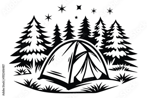 Monochrome tent sits among tall pine trees under a starry sky in wilderness