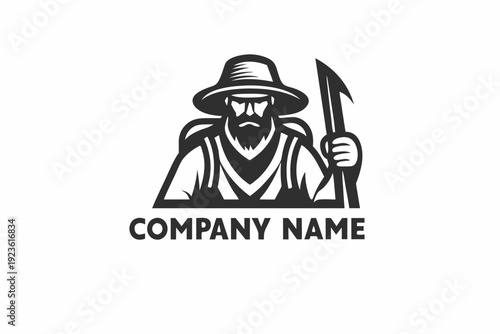 Monochrome traveler wearing hat with backpack holds hiking stick and looks determined on adventure