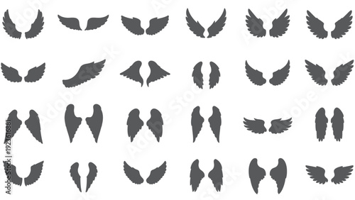 Collection of various gray angel wing icons on a white background in a flat lay composition.
