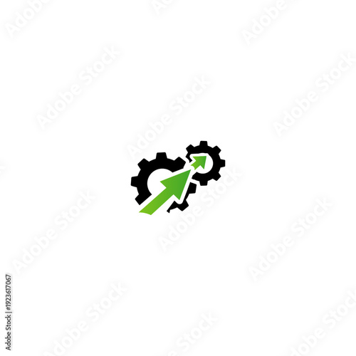 Two black gears with a green upward arrow icon. Represents progress, optimization, and settings.