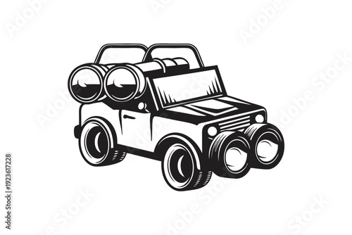 Monochrome vehicle boasting robust tires and dual auxiliary lamps conveying strength and readiness for offroad adventures