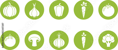 Green Circle Vegetable Icons Set – Minimal Flat Organic Food Vector Collection