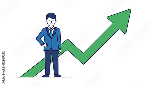 Businessman standing confidently with a rising green arrow symbolizing growth and success in a professional setting strongly