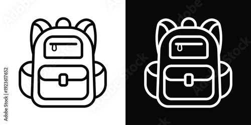 Minimalist backpack line icons in black and white styles. Modern school bag symbols for UI/UX design, travel apps, or education websites. Set of linear vector illustrations on split background.