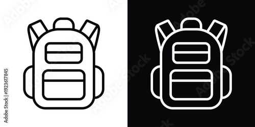Minimalist backpack line icons in black and white styles. Modern school bag symbols for UI/UX design, travel apps, or education websites. Set of linear vector illustrations on split background.
