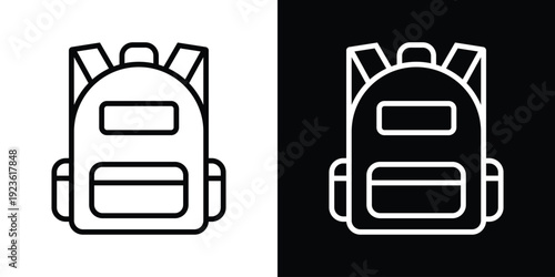 Minimalist backpack line icons in black and white styles. Modern school bag symbols for UI/UX design, travel apps, or education websites. Set of linear vector illustrations on split background.