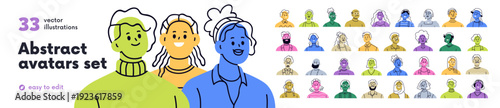 Abstract avatars set. Colored faces characters. Diverse people, head portraits. Happy smiling men and women, drawn user profiles in modern style. Flat vector illustration isolated on white background