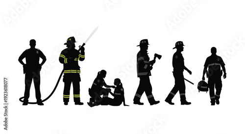 Silhouettes of firefighters and paramedics performing various rescue operations in a emergency scene