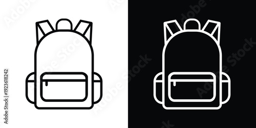Minimalist backpack line icons in black and white styles. Modern school bag symbols for UI/UX design, travel apps, or education websites. Set of linear vector illustrations on split background.