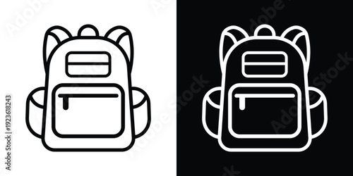 Minimalist backpack line icons in black and white styles. Modern school bag symbols for UI/UX design, travel apps, or education websites. Set of linear vector illustrations on split background.