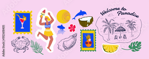 Sea vacation on tropical islands. Set of vector illustrations in mixed styles. Sketches, stickers, and flat illustrations.