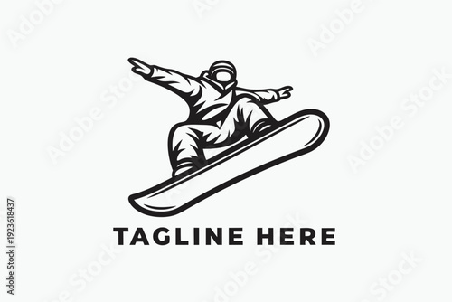 Outlined snowboarder with helmet soars mid air using snowboarding equipment