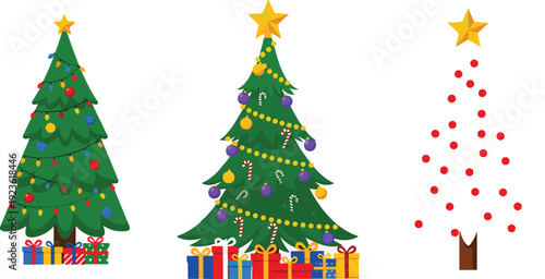 Christmas, tree, vector, illustration, decorated, with, ornaments, gifts, lights, star, festive, holiday, design, isolated, background, winter, celebration, decoration, clipart, set
