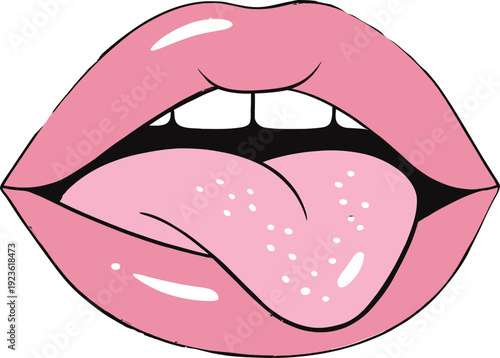 Pink female lips silhouette with tongue out for cosmetics makeup branding, dental health care, food taste concept, and beauty salon.