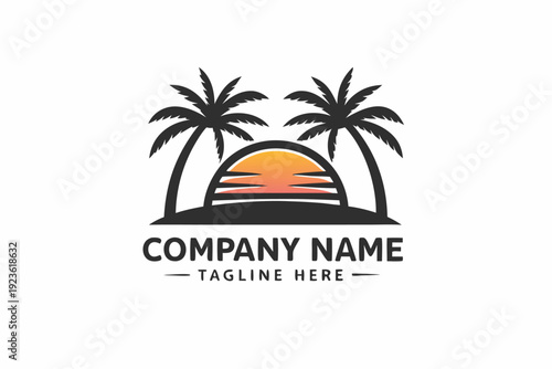 Palm tree silhouettes frame a vivid sunset over the ocean, set within a badge