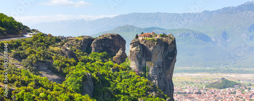 Aerial view of monastery at Meteora cliff and Kalambaka town, Greece
