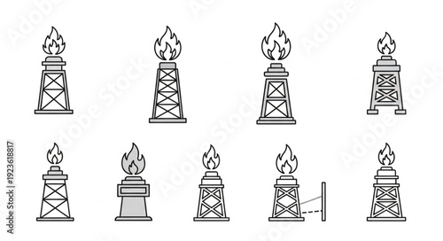 Various illustrations of oil refinery flares, showing industrial energy production and environmental concerns.