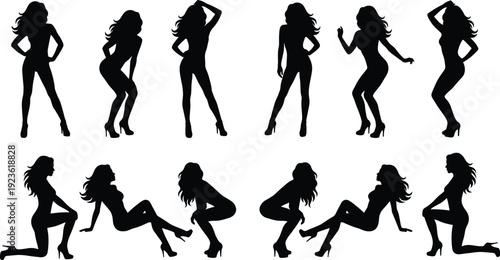 Collection of sexy female silhouettes in dancing and posing positions isolated on white background glamour fashion illustration