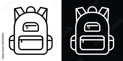 Minimalist backpack line icons in black and white styles. Modern school bag symbols for UI/UX design, travel apps, or education websites. Set of linear vector illustrations on split background.