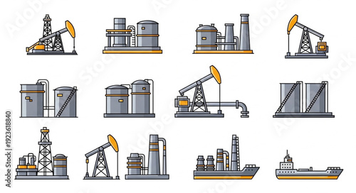 Various illustrations of oil industry infrastructure and equipment.