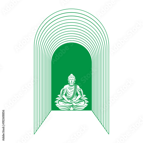vector of a meditating Buddha statue in a lotus sitting position, placed inside a niche or arched passageway with a minimalist design.